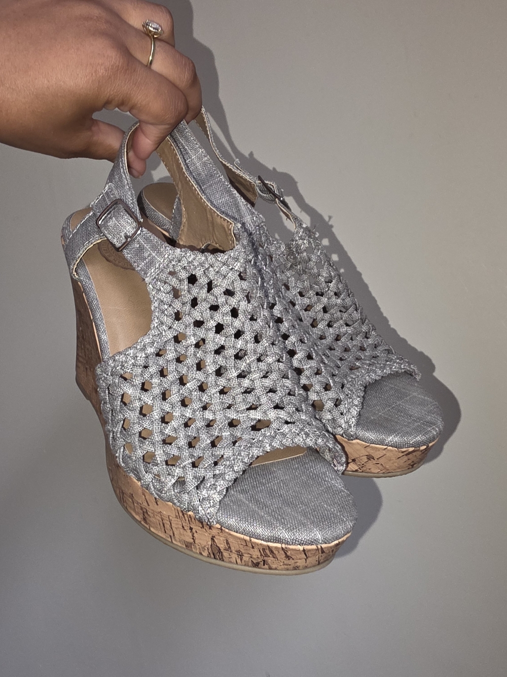 SO Grey Woven Cork Wedge Sandals